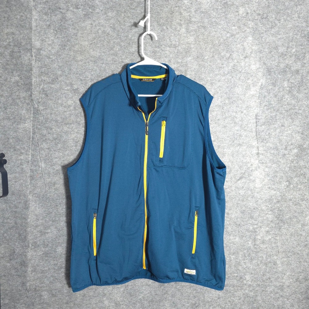 Orvis Performance Vest Mens XXL Blue Yellow Full Zip Grid Fleece Pockets 3ABP
